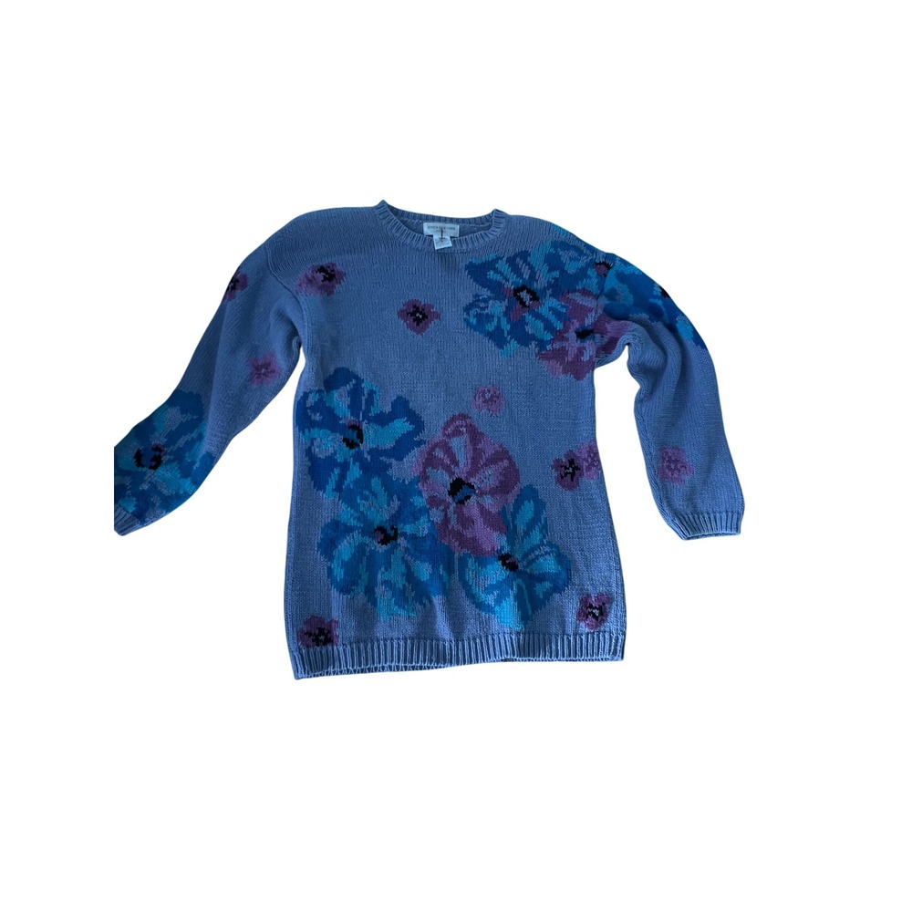 Vintage Jones New York Sport Floral Knit Sweater Top Blue Pink Size Small
